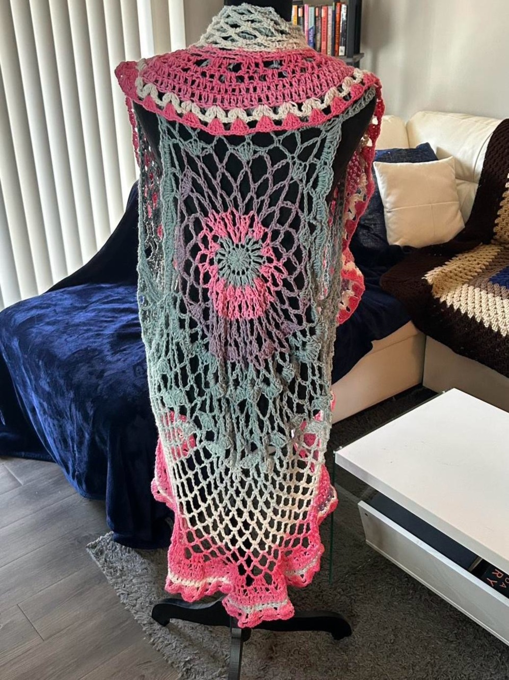100% Handmade Crochet Shawl in Pink, Gray & Cream